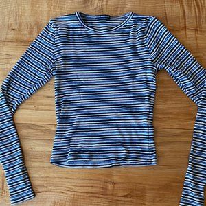 Brandy Melville Blue, Black, and Brown Striped Ribbed Long-Sleeve